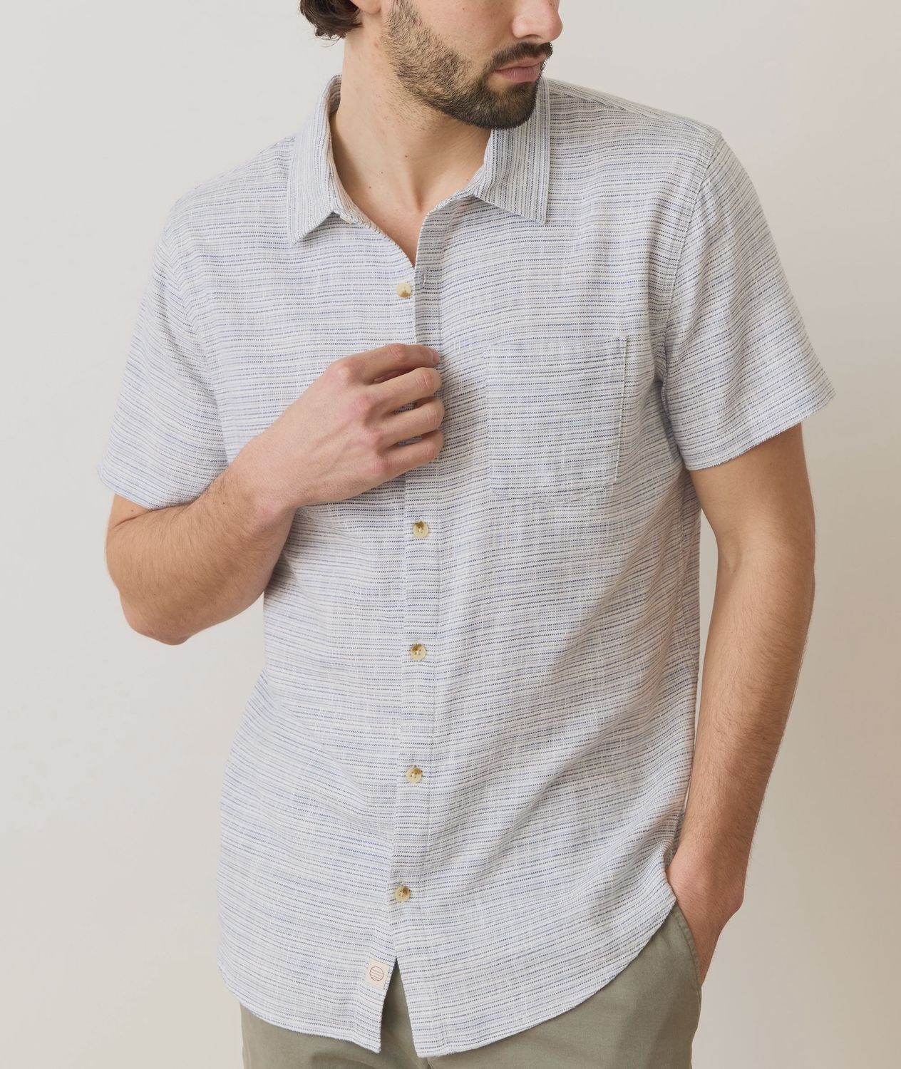 Stretch Selvage SS Shirt - Blue Mini Stripe, Color: Blue Mini Stripe, Size: M
