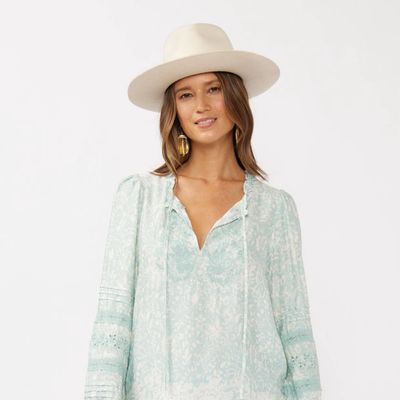 Floral Embroidered Lace-Trim Split Neck Blouse