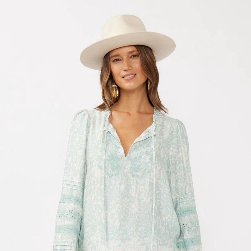Floral Embroidered Lace-Trim Split Neck Blouse