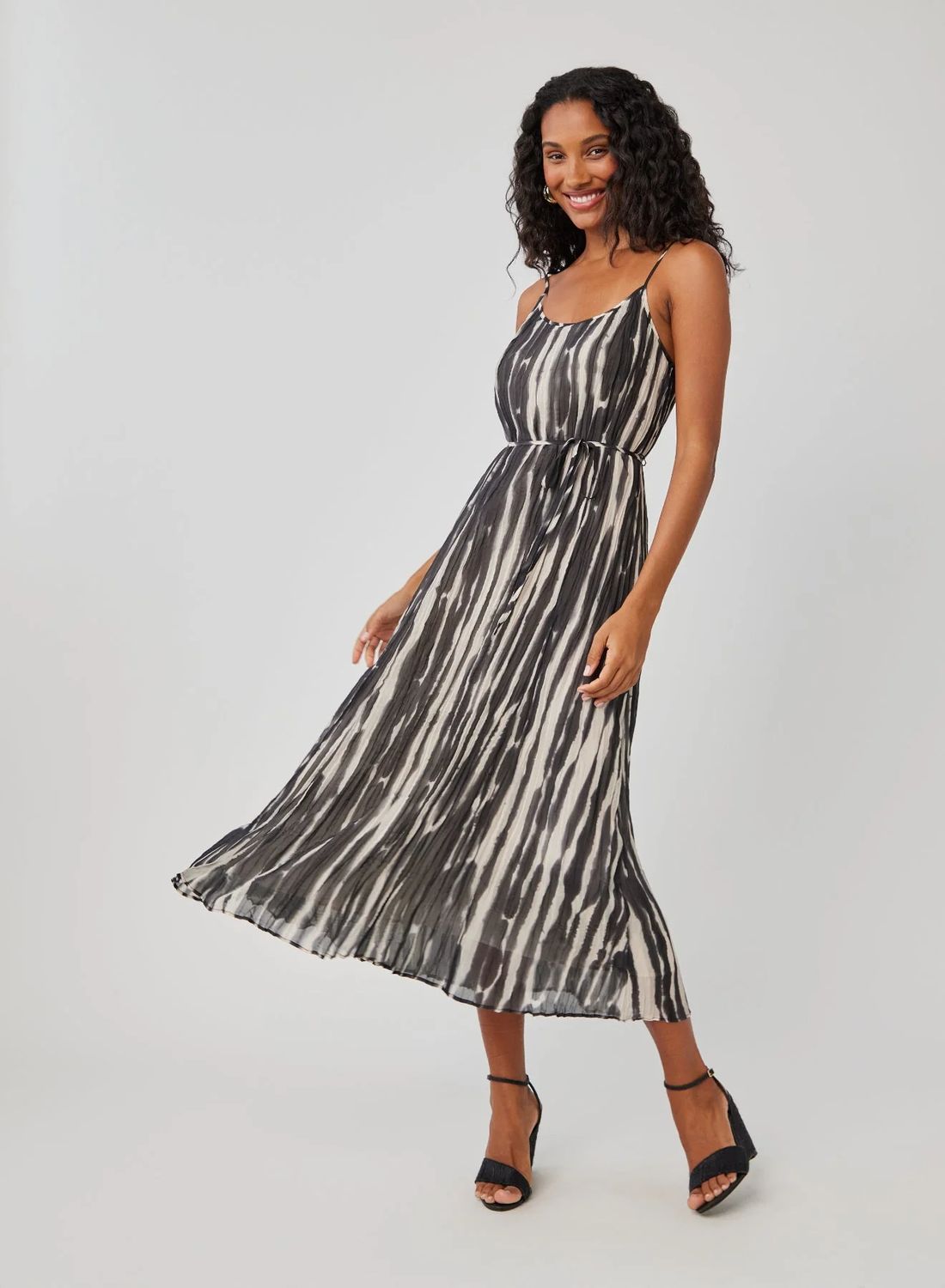 Midi Pleated Cami Dress, Color: Brushed Stripe Print, Size: Xs