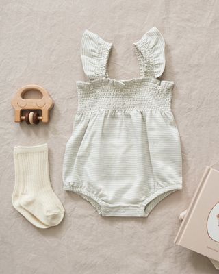 Smocked Ruffle Sleeve Romper, Color: Sky Micro Stripe, Size: 0-3M