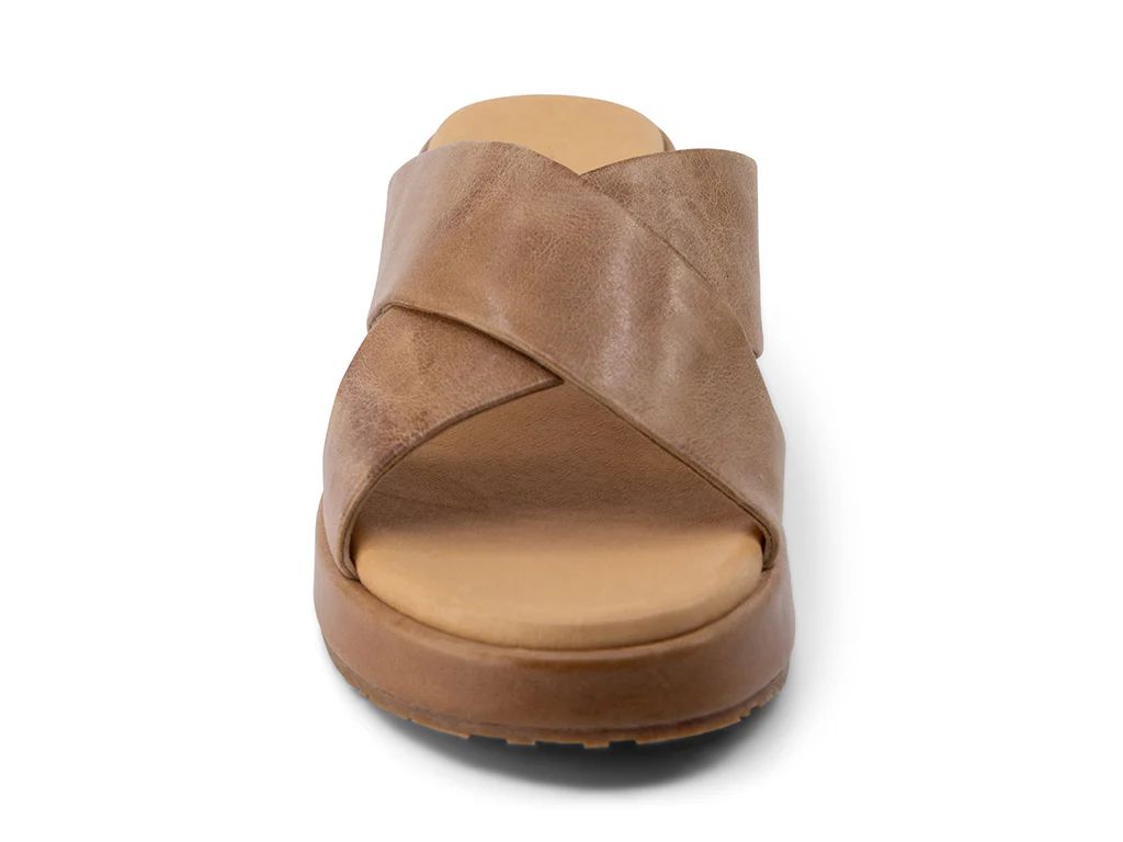 Enya Low Wedge Slide, Color: Camel Leather, Size: 6