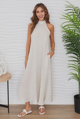 Solid Linen Mock Neck Maxi Dress