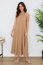 Linen Mock Neck Maxi Dress, Size: XS, Color: Camel