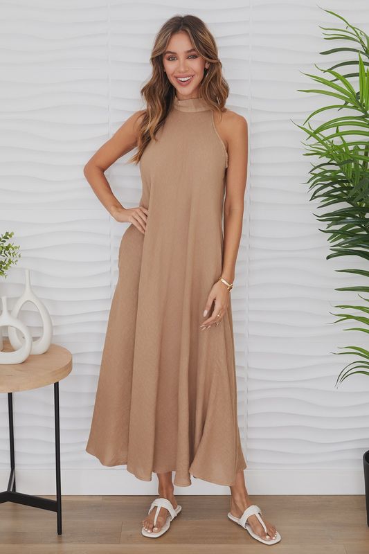 Linen Mock Neck Maxi Dress