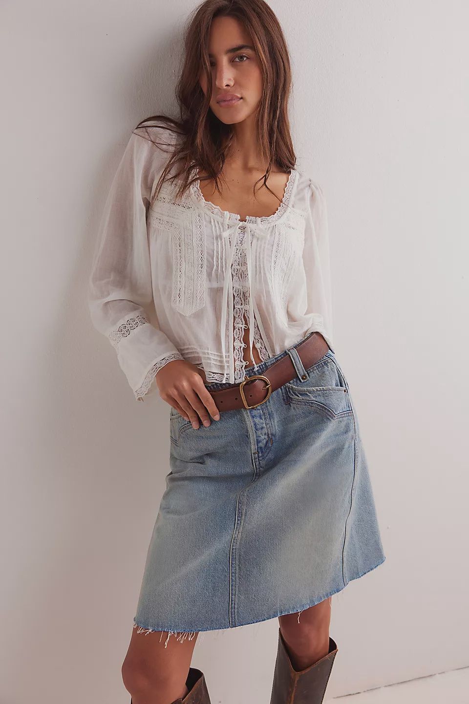 We The Free Suzy Denim Midi Skirt, Color: Sun Stoned Blue, Size: 24