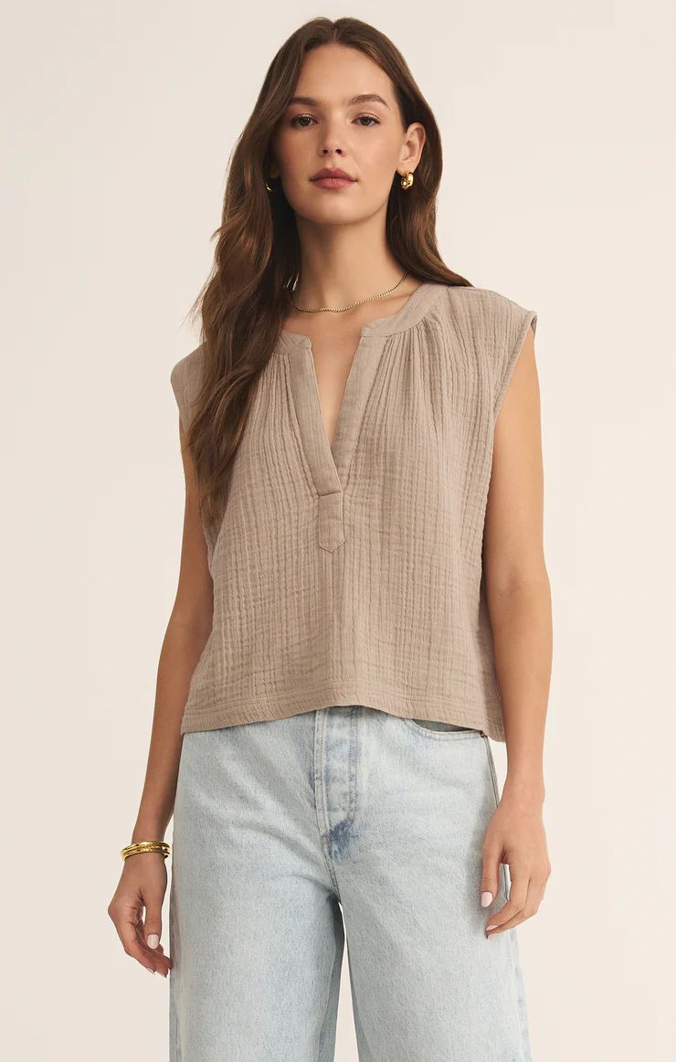 Cliffside V-Neck Airy Top, Color: Ice Coffee, Size: Xs