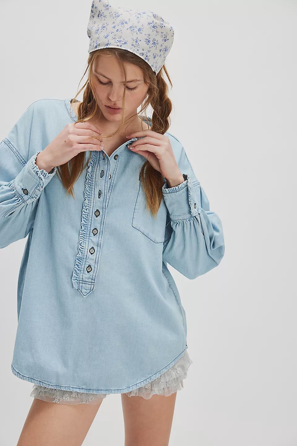 We The Free Denim Dreaming Pullover, Color: So Soft Light Wash, Size: Xs