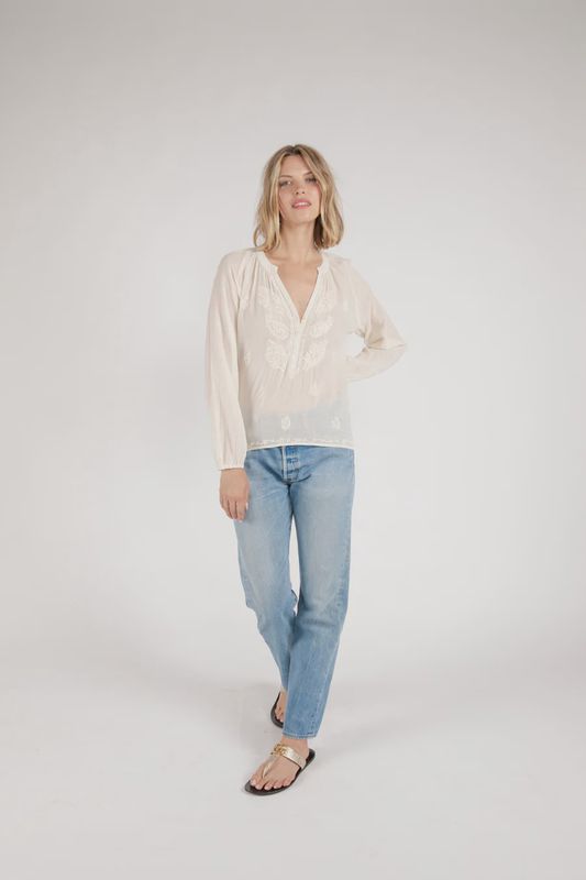 Bahar Embroidered Half Button Down Shirt