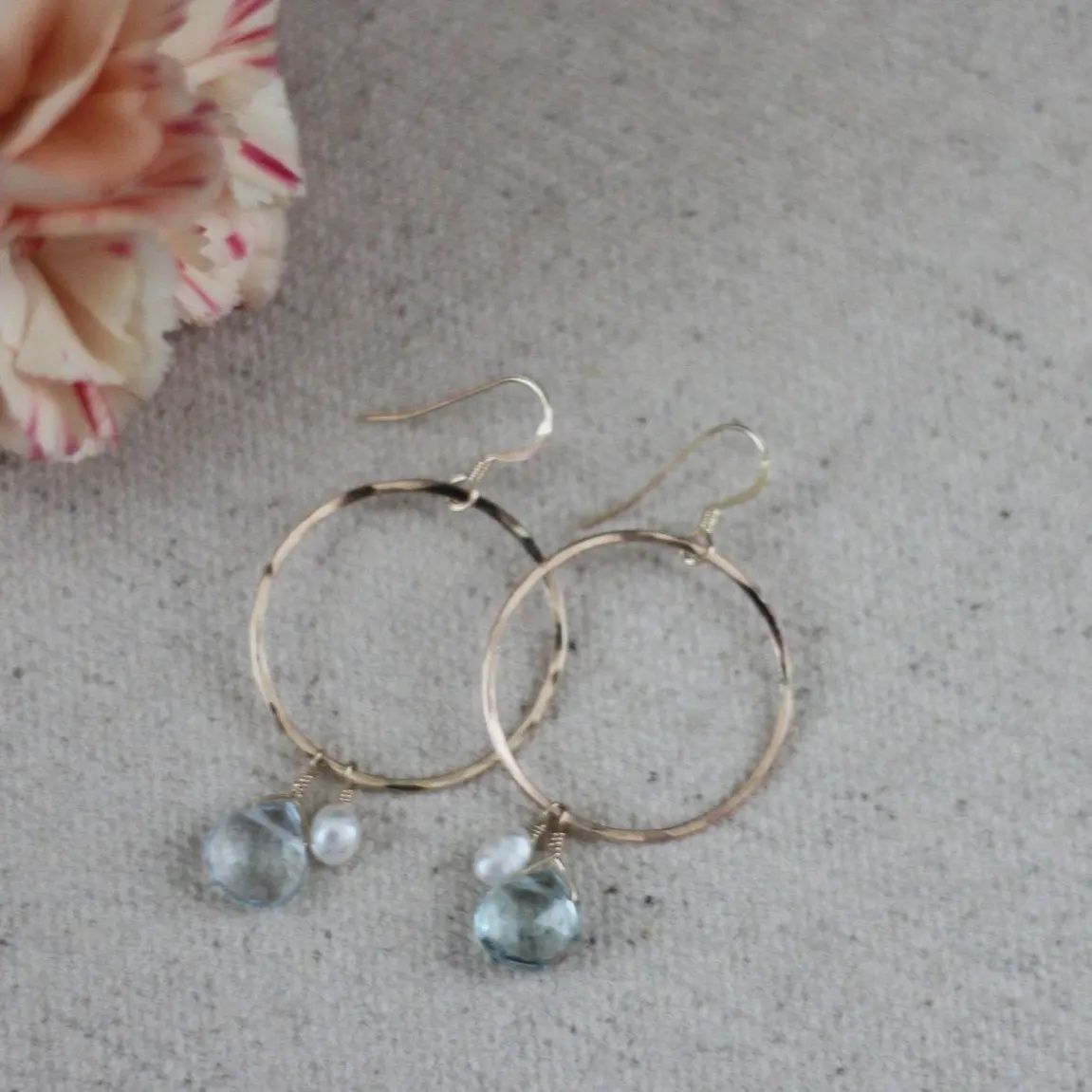 Aquamarine and Freshwater Pearl Hoop Earrings