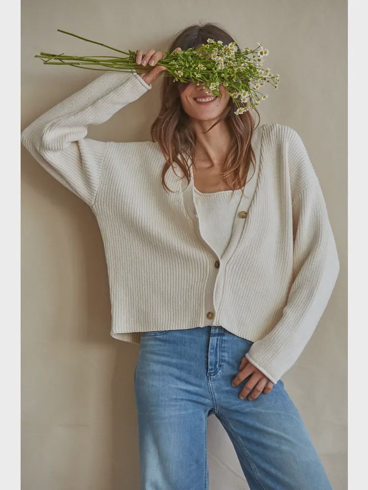 Knit Sweater V-Neck Long Sleeve Button Down Cardigan, Size: S