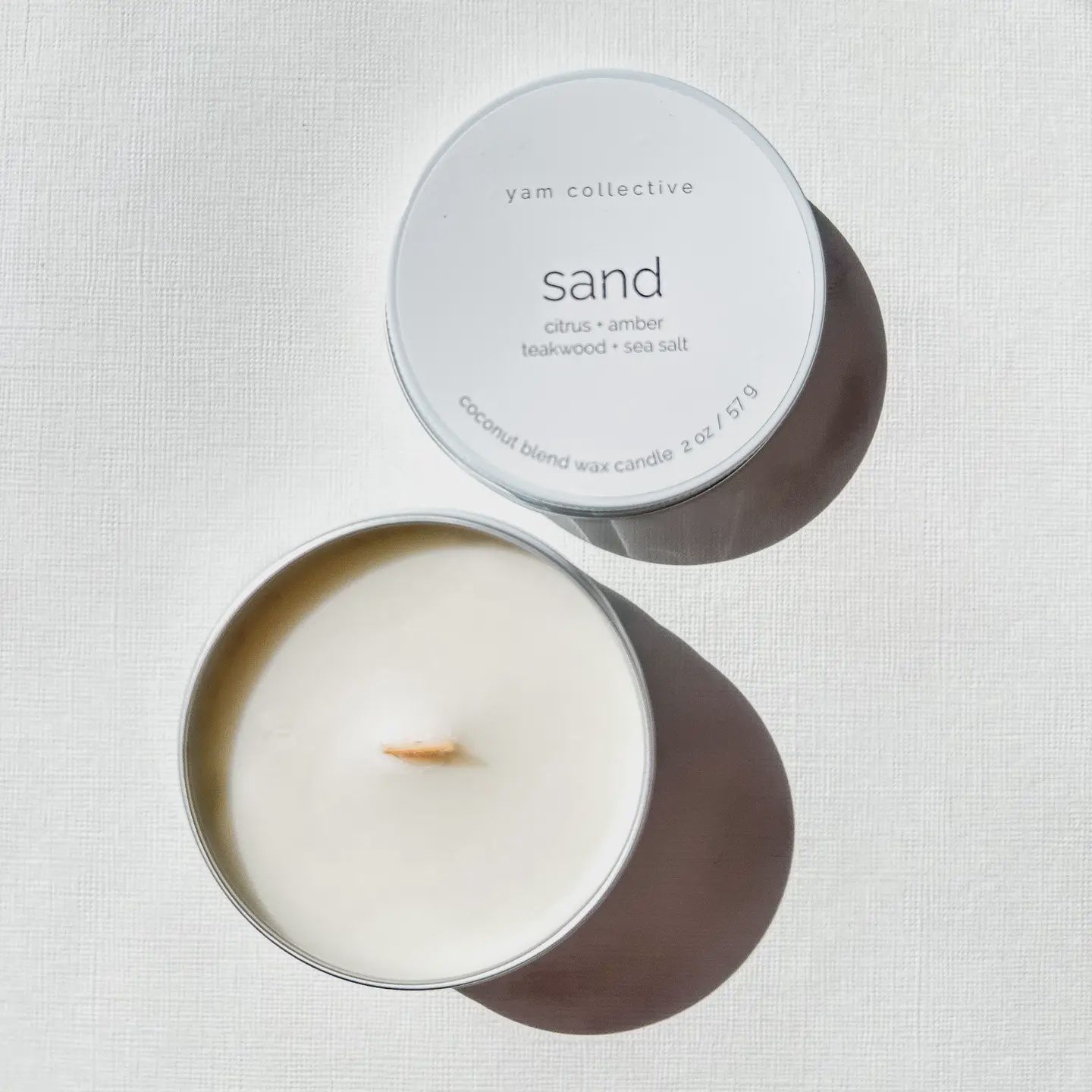 Sand- 2 oz Citrus, Amber, Teak, Sea Salt Travel Tin Candle