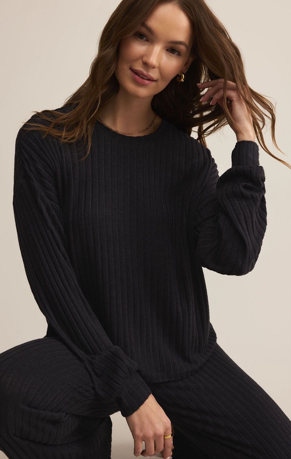 Daydream Rib Long Sleeve Top, Color: Black Sand, Size: S