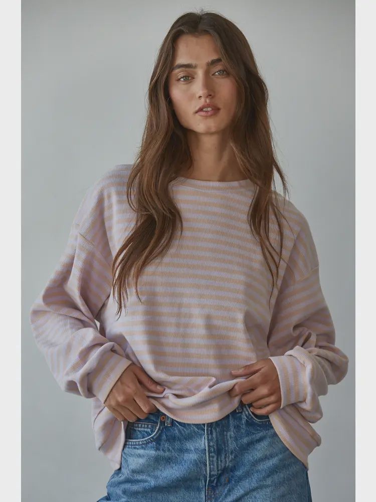 Knit Striped Ribbed Crew Neck Long Sleeve, Size: S