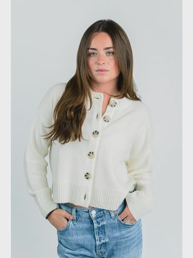 Nina Crewneck Cardigan, Color: Ecru, Size: S