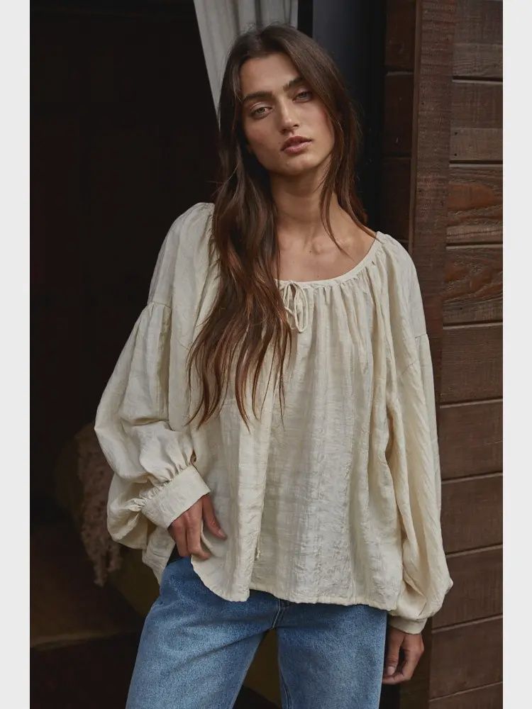 Scoop Neck Long Sleeve Blouse, Color: Natural, Size: S