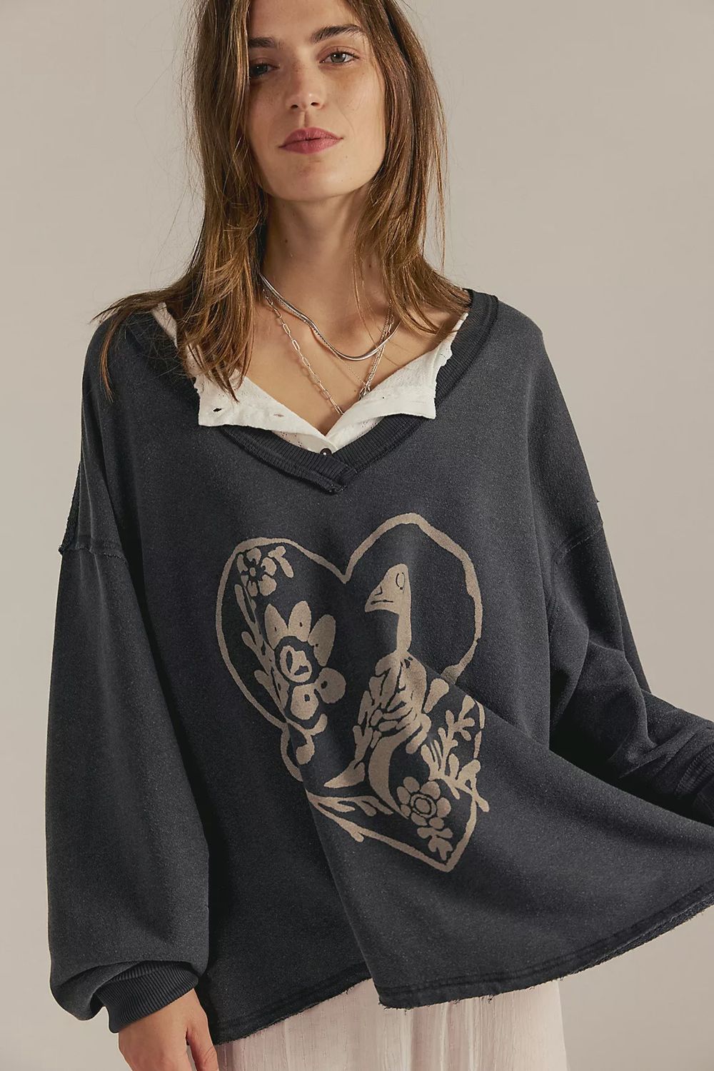 We The Free Venice V-Neck Graphic Sweatshirt, Color: Black Bird Combo, Size: XS
