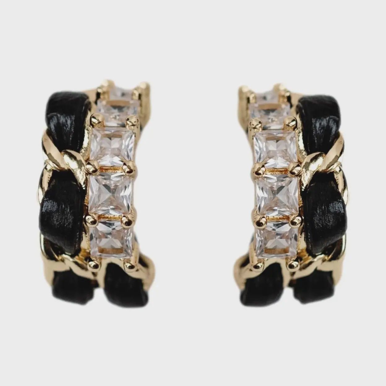 Black Vintage Chain Wrapped Leather Statement Hoop Earrings