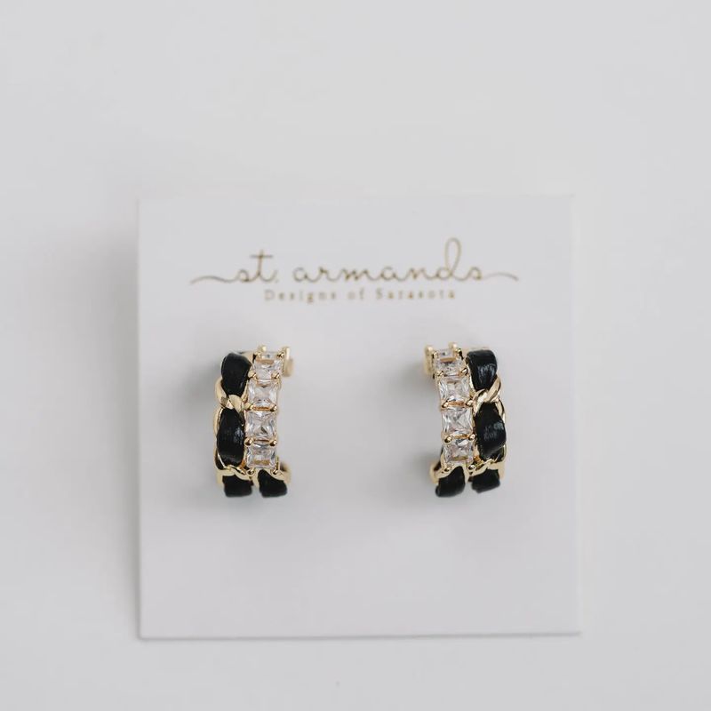 Black Vintage Chain Wrapped Leather Statement Hoop Earrings