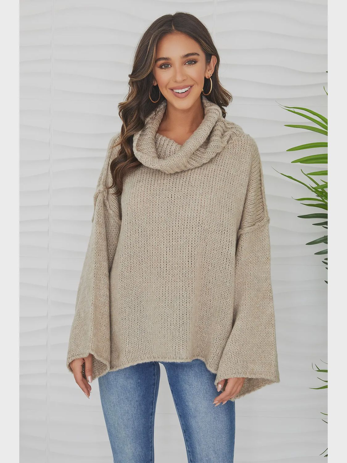 Chunky Oversized Turtleneck Sweater, Color: Beige, Size: S/M