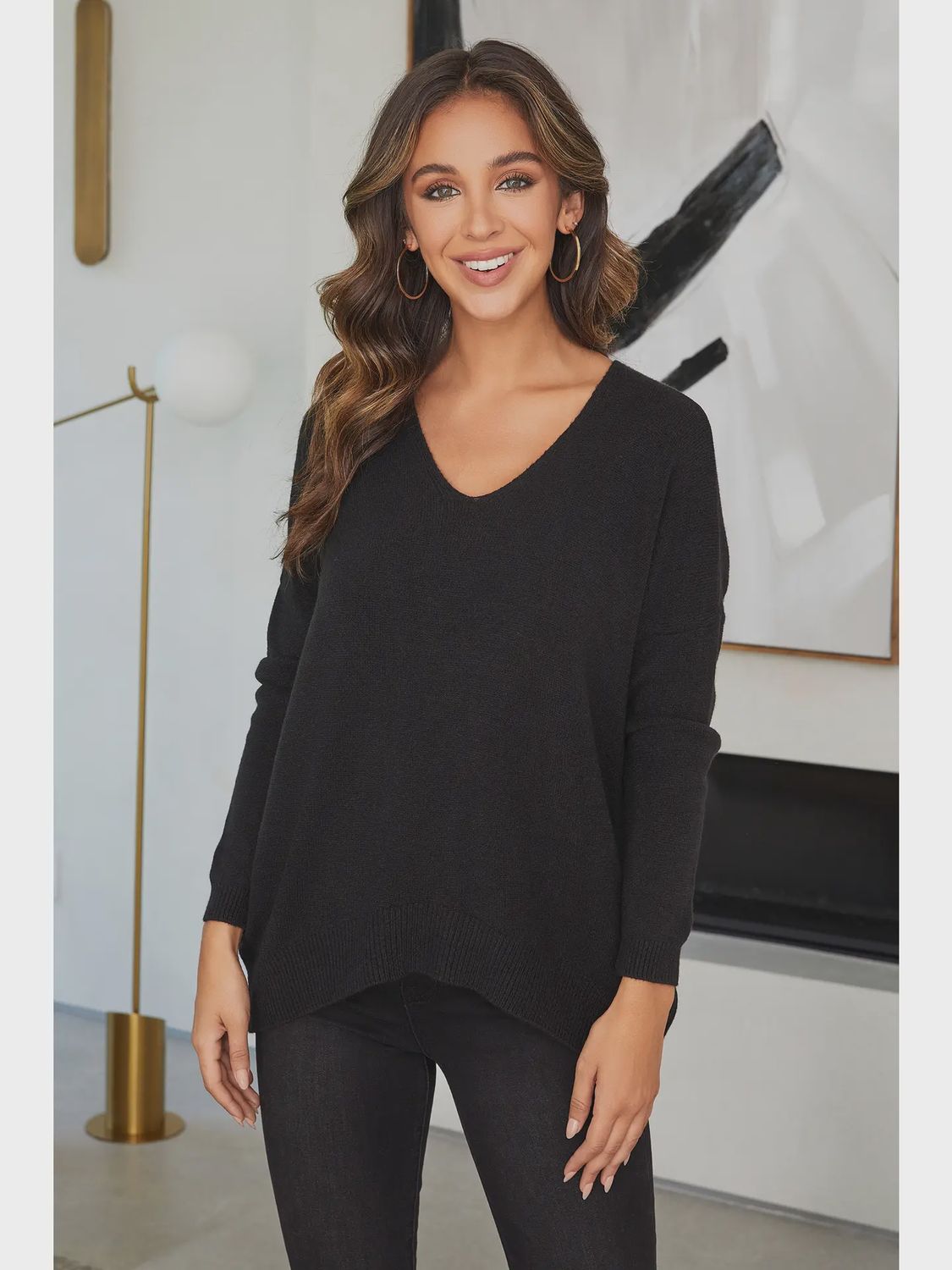 V-Neck Dolman Sleeve Sweater, Color: Black, Size: S