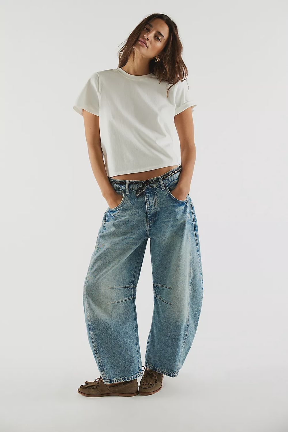 We The Free Good Luck Mid-Rise Barrel Jeans, Color: Ultra Light Beam, Size: 25