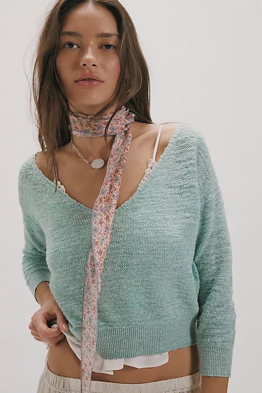 Soft Focus Fine Gauge Linen Pullover, Color: Mermaid, Size: XS