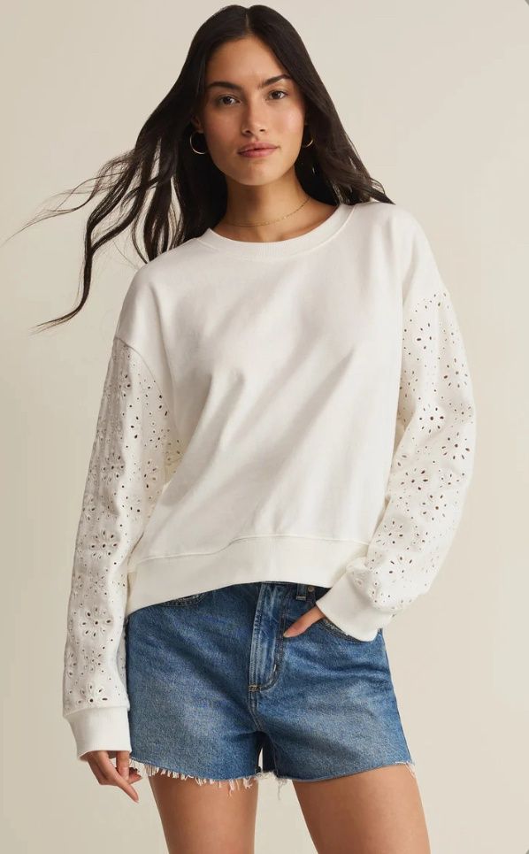Mosaic Knit Eyelet Sweatshirt, Color: White, Size: Xs