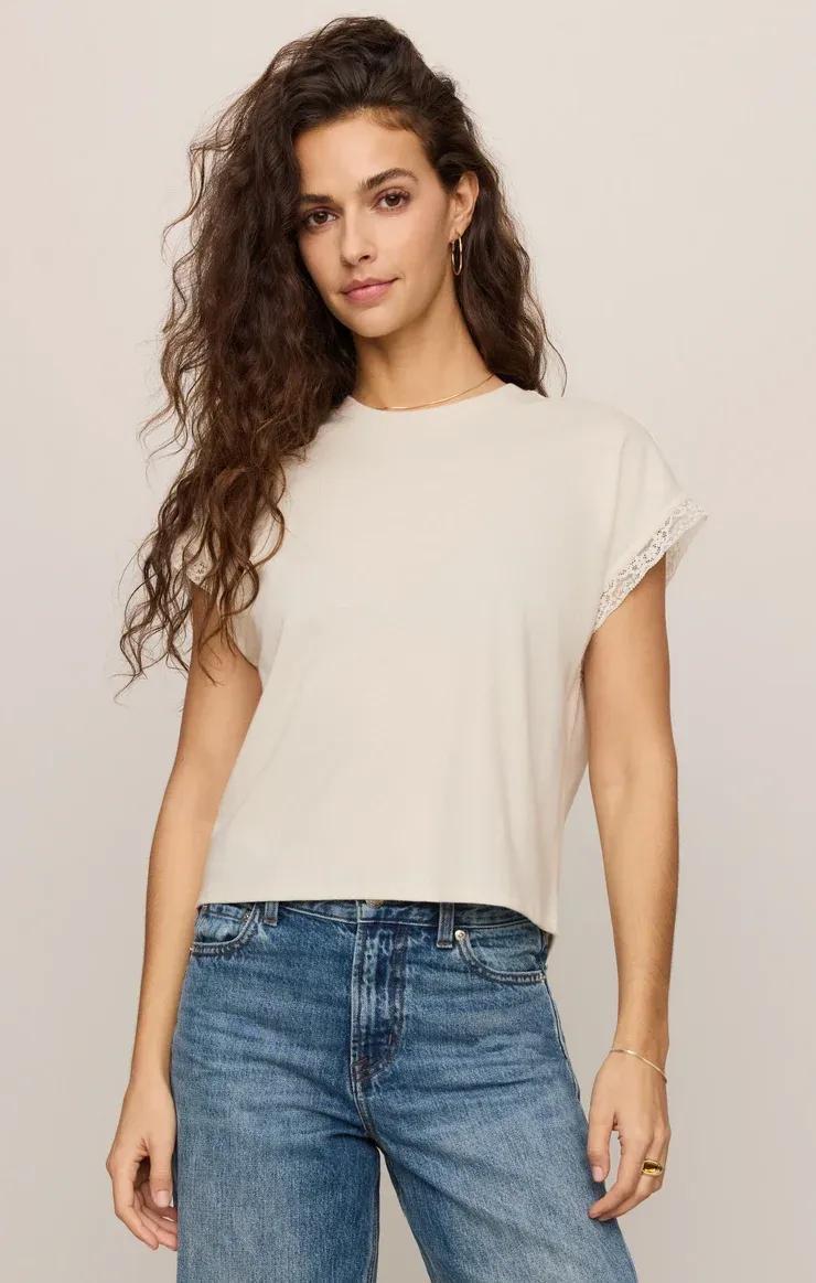 Marika Lace Trim Muscle Tee, Color: Cloud, Size: Xs