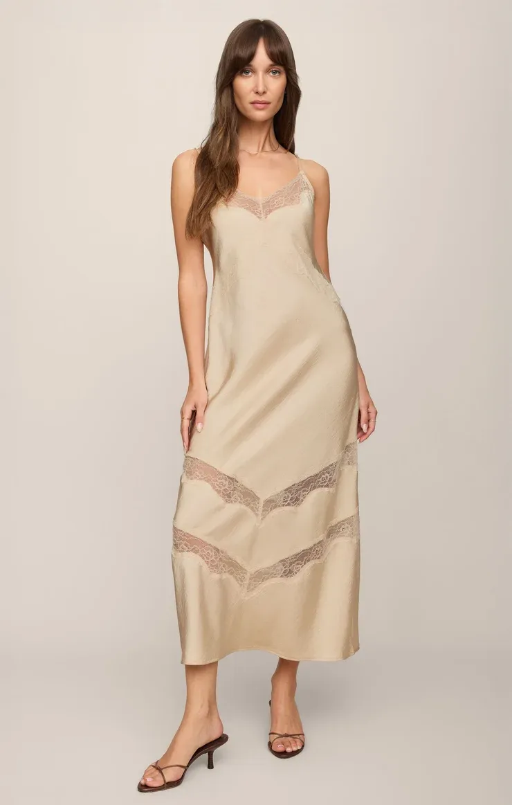 Bruna Lace Inset Midi Dress, Color: Chalk, Size: XS