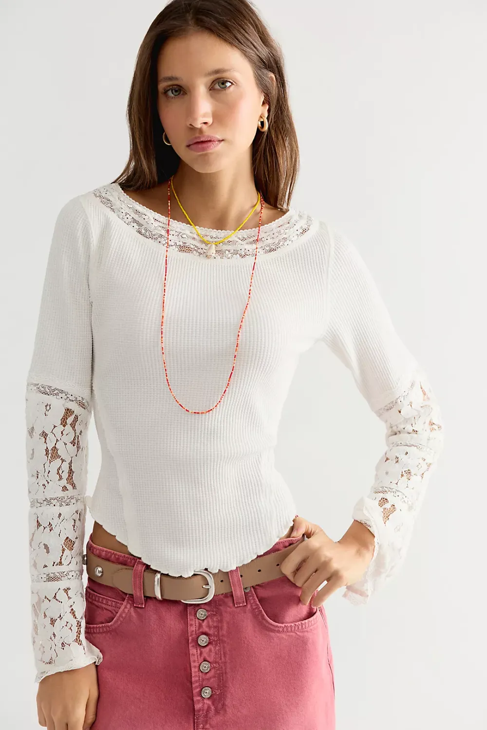 Amber Lace Cuff Long Sleeve Top, Color: White, Size: XS