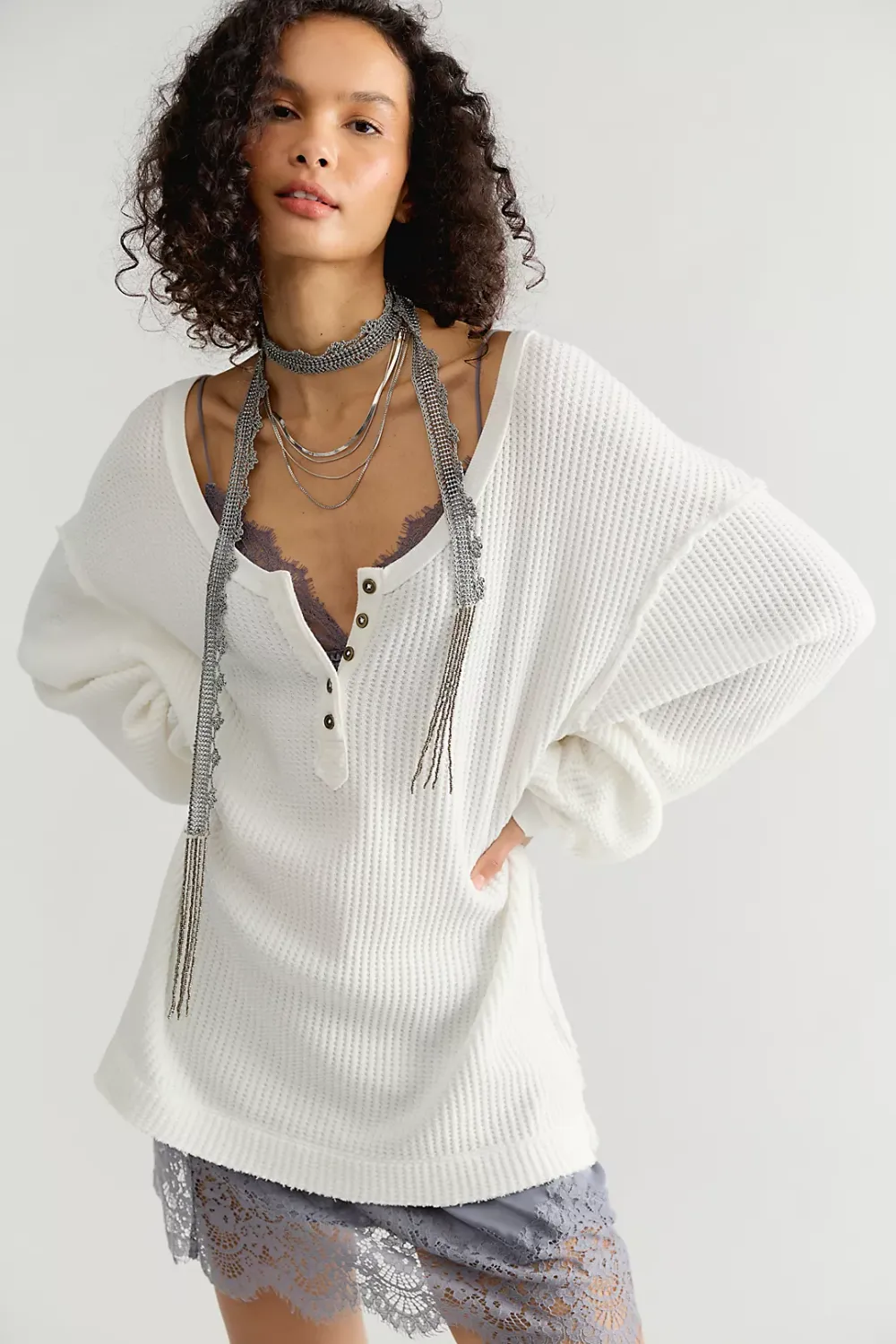 We The Free Montreal Oversized Thermal Henley, Color: Clean Ivory, Size: XS