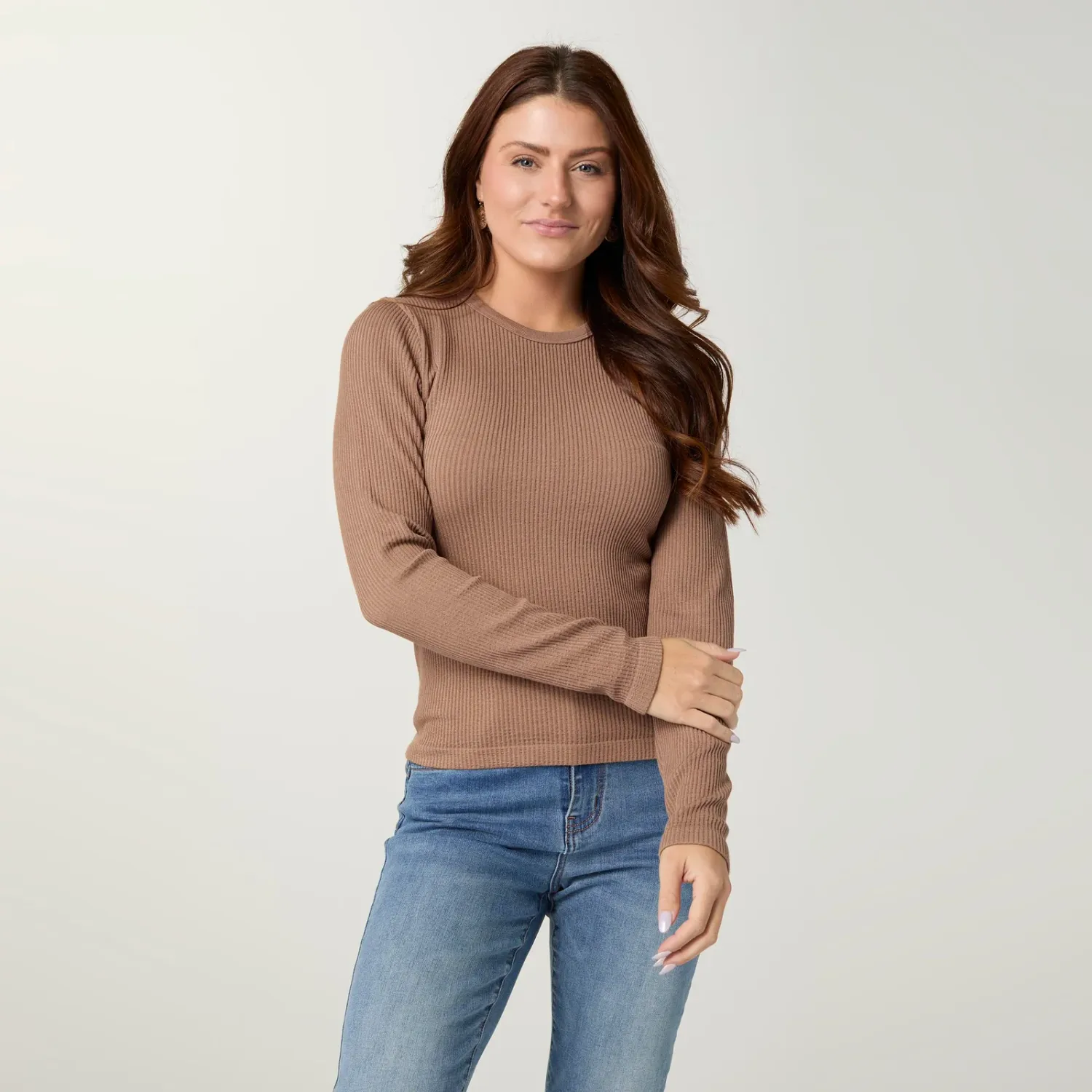 Ultra-Lush Seamless Ribbed Crew Neck Top, Color: Tan, Size: XS