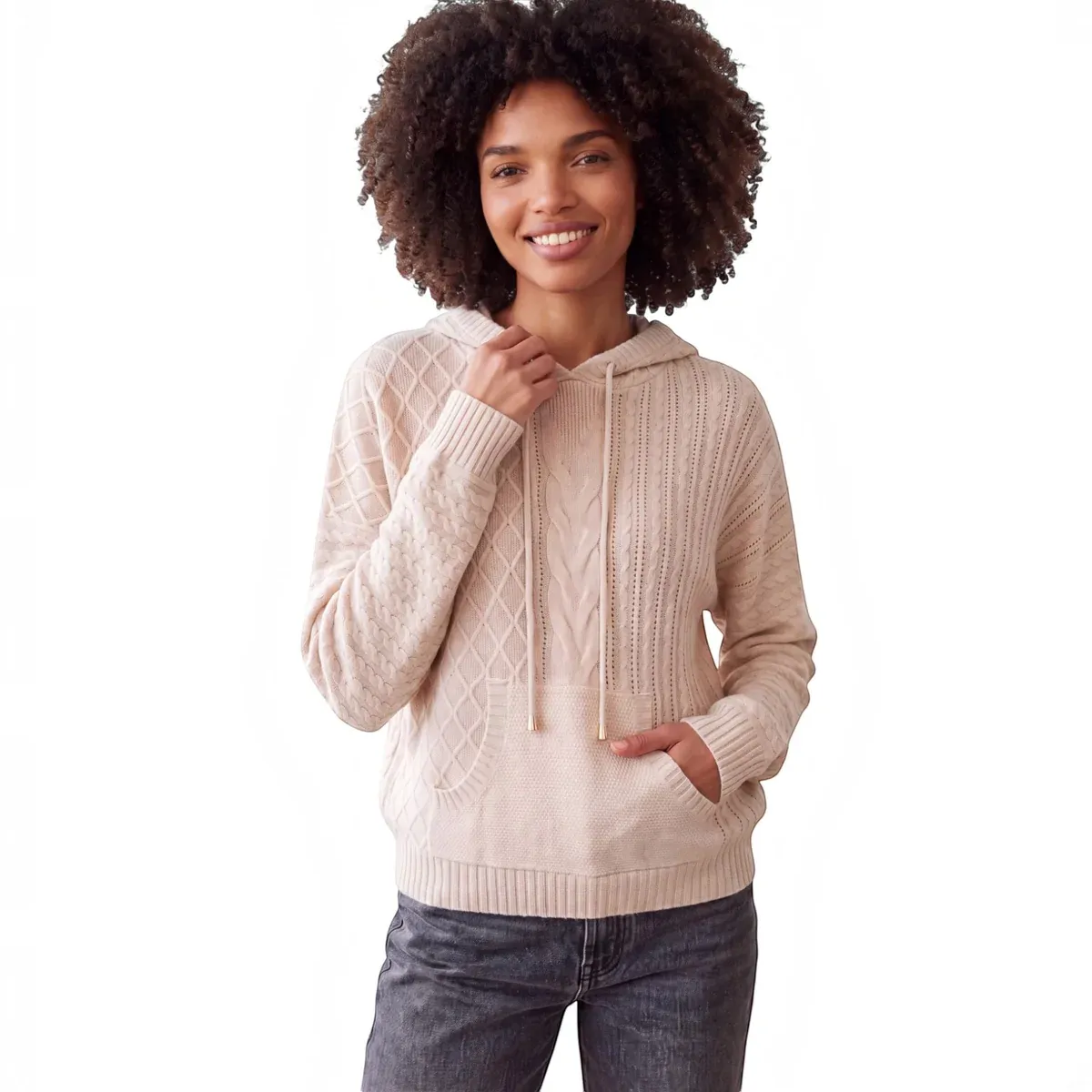 Lottie Cable Cashmere Hoodie Sweater, Color: Brazilian Sand, Size: S