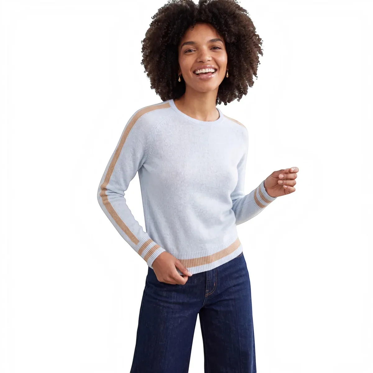 Cathy Sleeve Stripe Crew Cashmere Sweater, Color: Blue Mist, Size: XS
