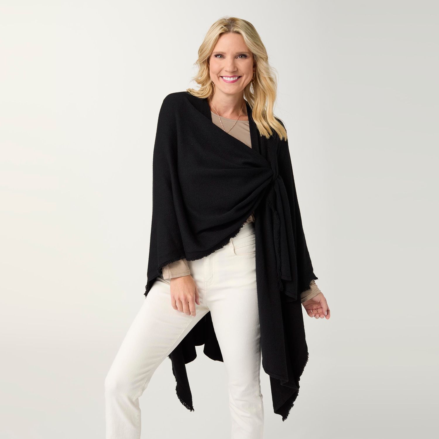 Heavenly-Luxe Pull Thru Wrap with Fringe, Color: Black