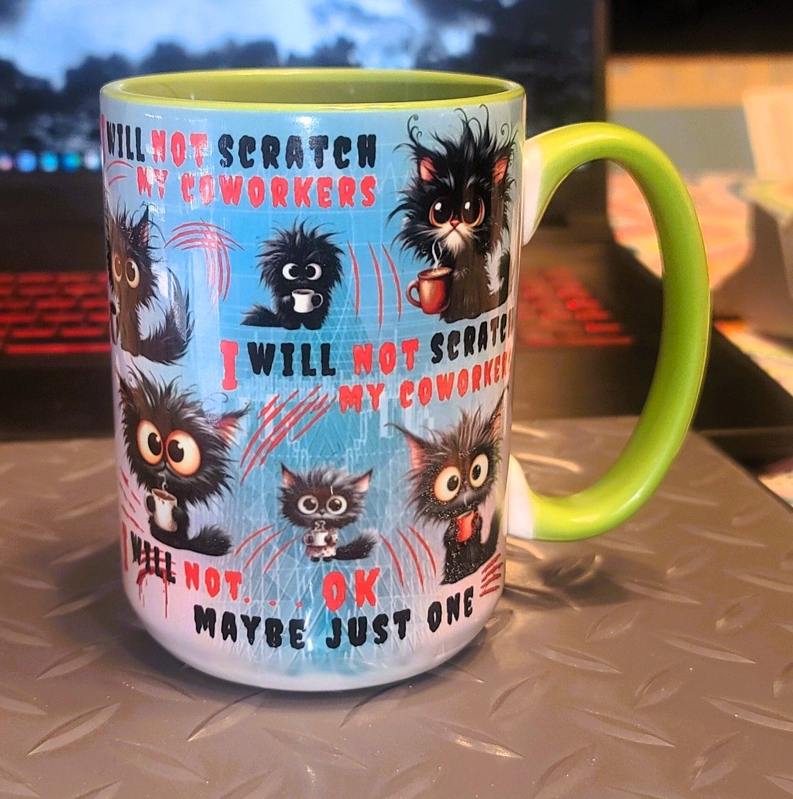 15 oz cute cat coffee mug.  Mug handle color and inside color may vary.