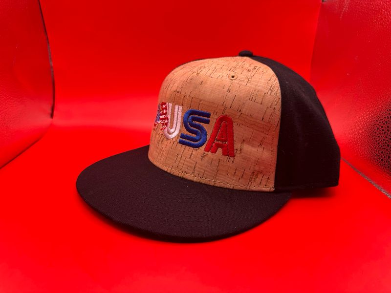 USA Crab Cork Front Snapback – Flat Bill Hat with Black Brim &amp; Patriotic Embroidery