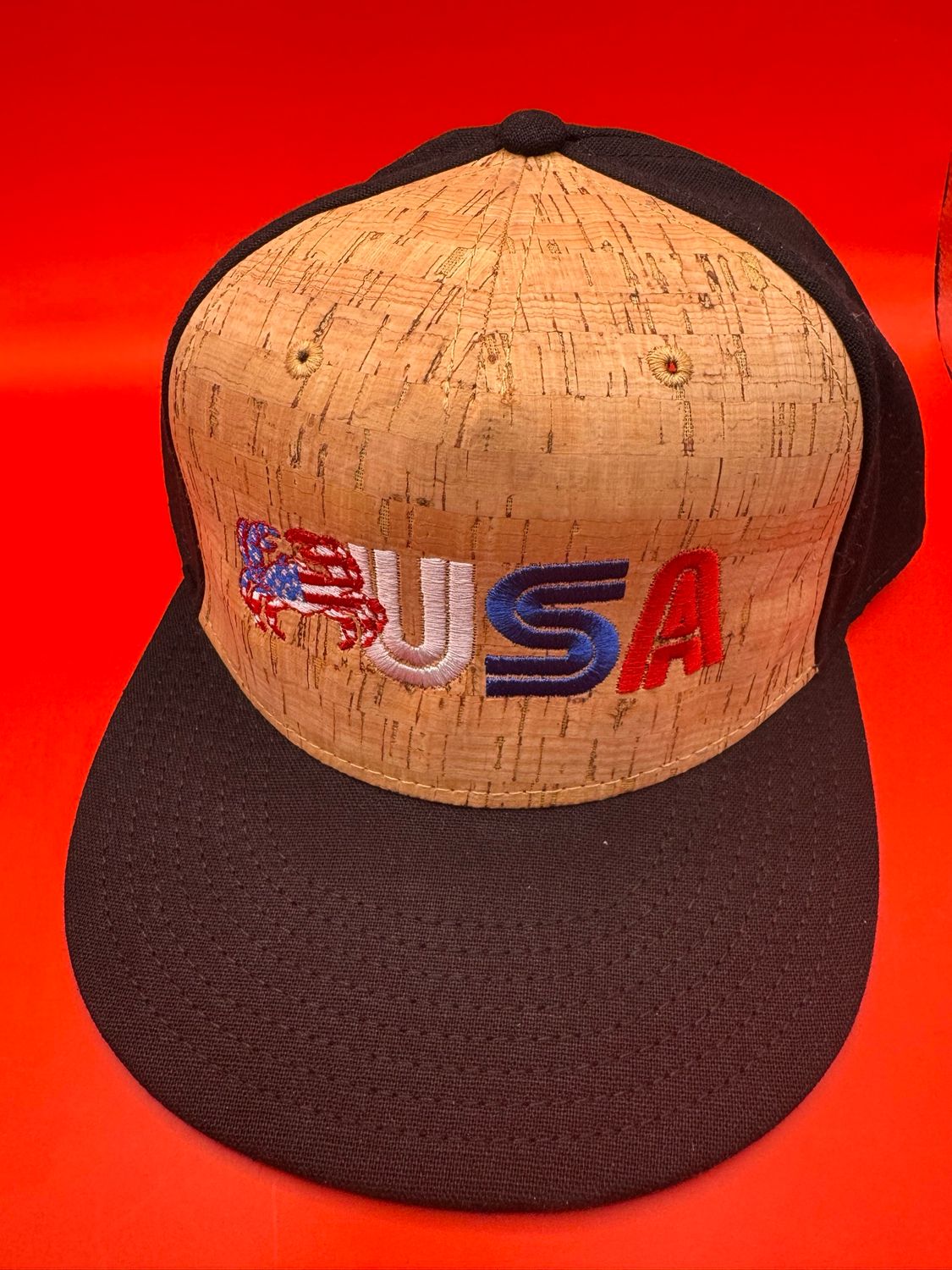 USA Crab Cork Front Snapback – Flat Bill Hat with Black Brim &amp; Patriotic Embroidery