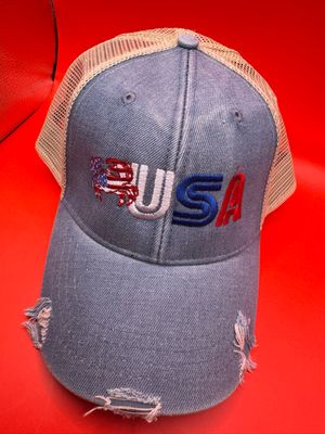 USA Crab Distressed Trucker Hat – Light Denim Mesh Snapback