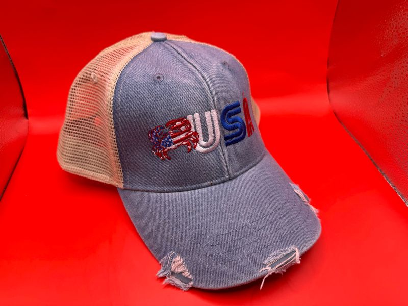 USA Crab Distressed Trucker Hat – Light Denim Mesh Snapback