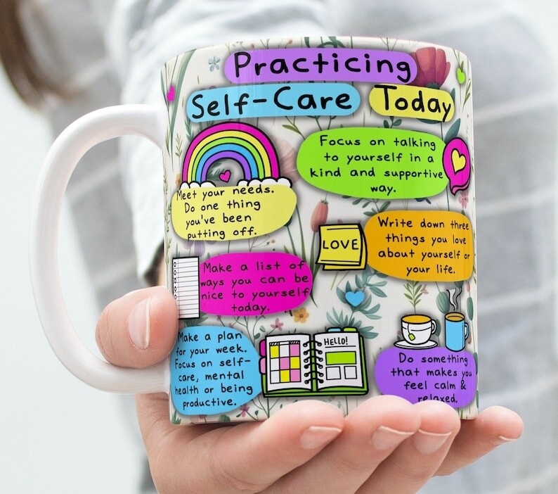 Practicing self care mug