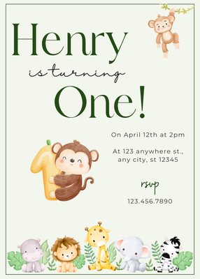 First Birthday Party Invitation - Safari Animals