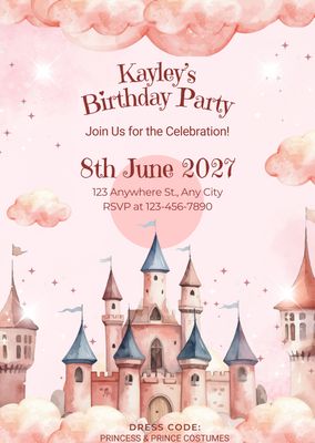 Pink Watercolour Princess Castle Birthday Invitation