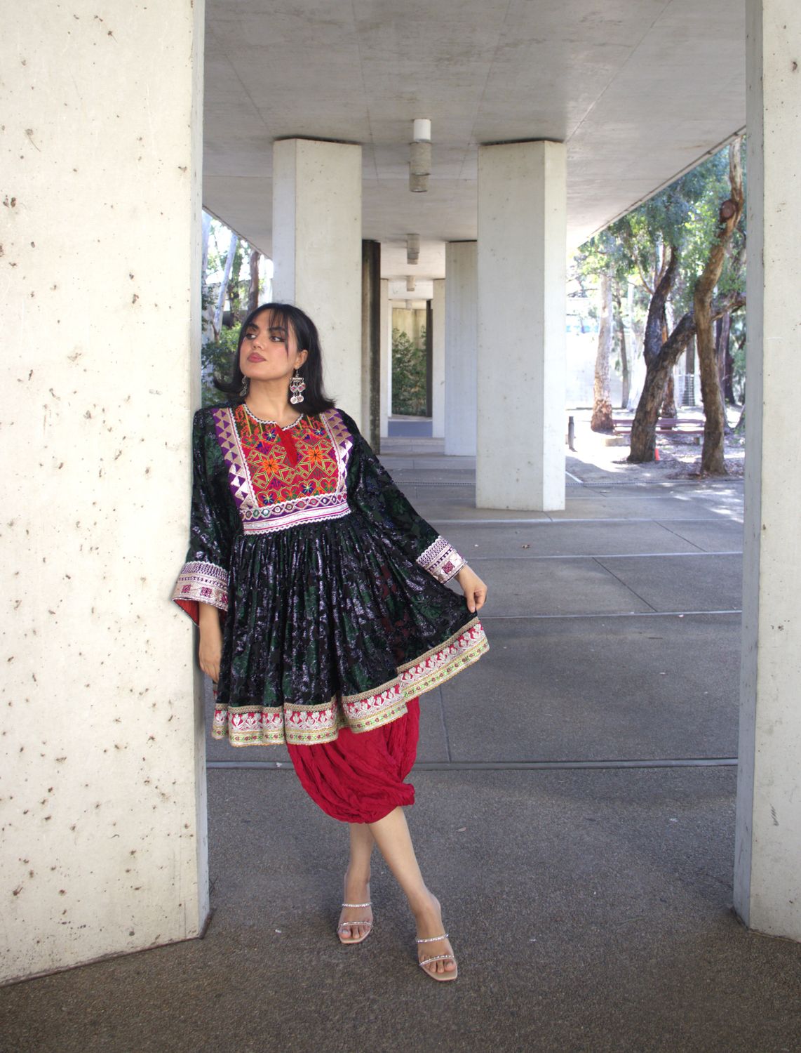 Dark Green and Red Dress Set