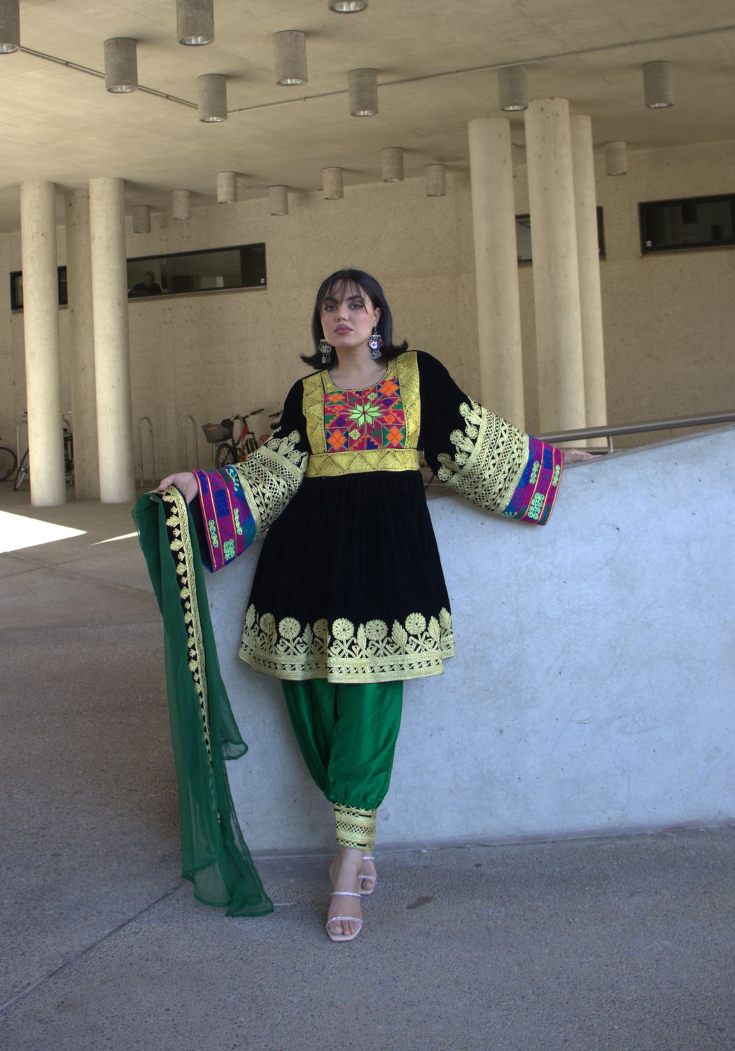 Black, Golden &amp; Green Velvet Dress Set