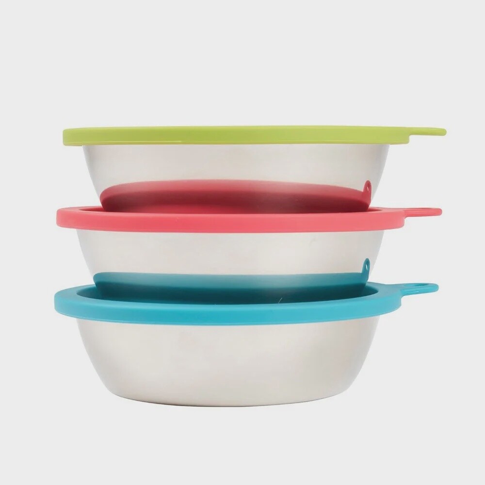 Messy Mutts - Set of 3 Stainless steel bowls with Lids, Size: Medium (Set of 3)