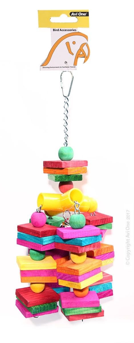 Parrot Toy - Leather Rope Coloured Wood Cube 35x15cm