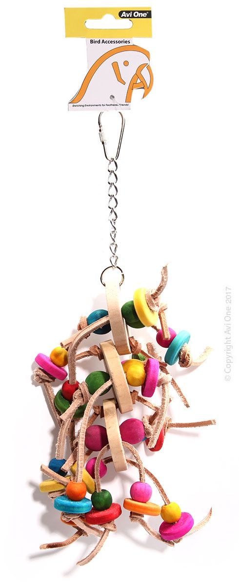 Parrot Toy - Leather Rope Coloured Wood Block 33cm