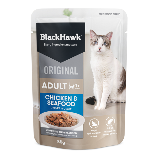 Black Hawk Cat Chicken &amp; Seafood Sachets, Flavour: 85g Sachets